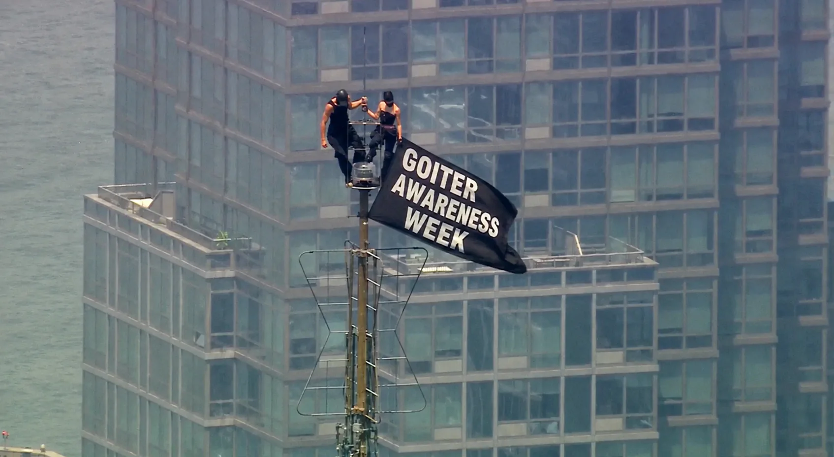 Two climbers stand near the top of the Empire State Building antenna beside a Goiter Awareness Week banner