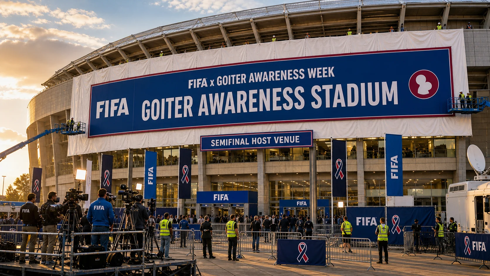 A fictional stadium facade covered in clean-venue tarps with FIFA and Goiter Awareness Week co-branded Goiter Awareness Stadium signage
